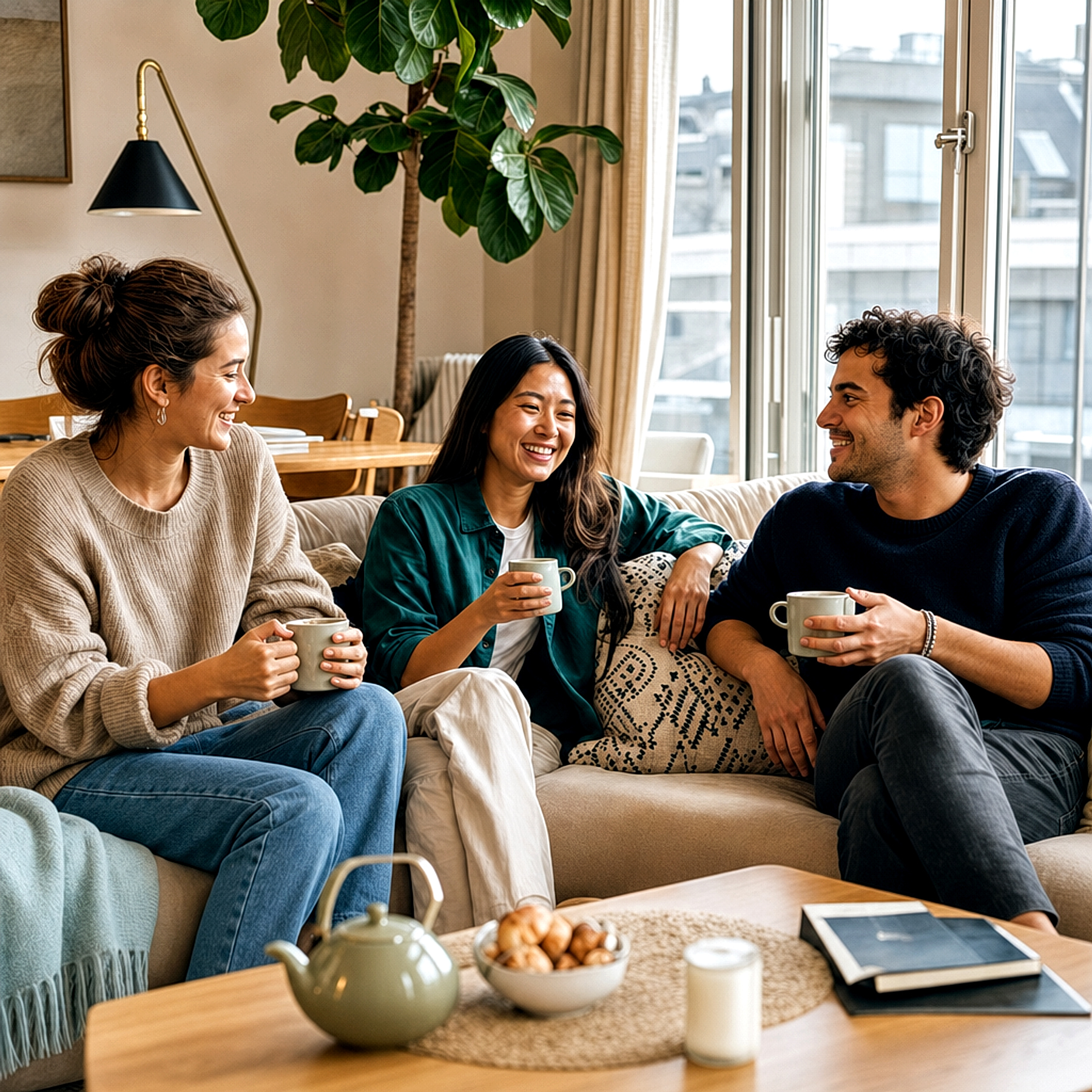 Happy international students in their accommodation